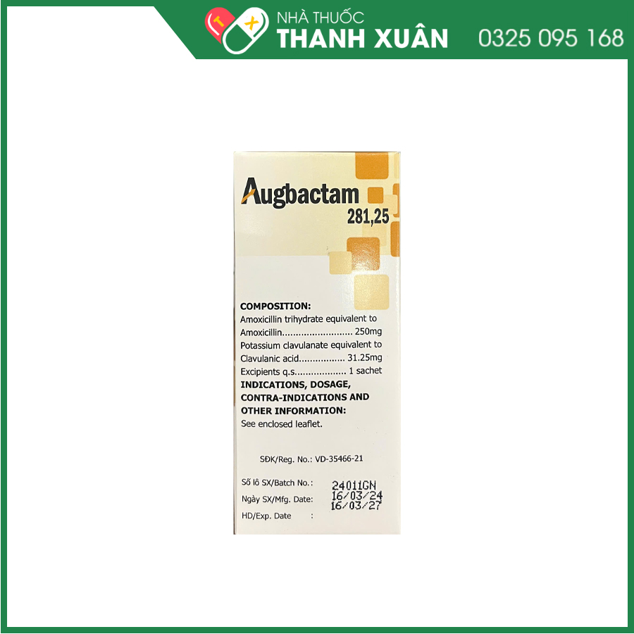 Augbactam 281,25 thuốc kháng sinh điều trị nhiễm khuẩn hô hấp, tiết niệu, da và mô mềm
